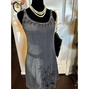 VTG 90s Raya Sun Whimsigoth Palm Tree Crinkle Dress Gray Y2K Boho Mini L